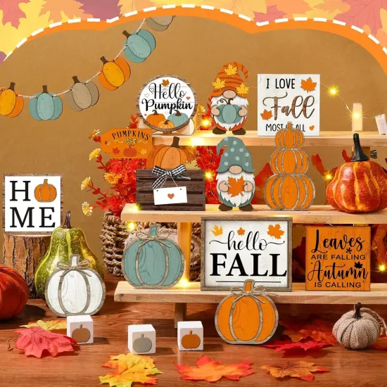 21 Pcs Fall Tiered Tray Decoration Set Thanksgiving Table Sign {2}