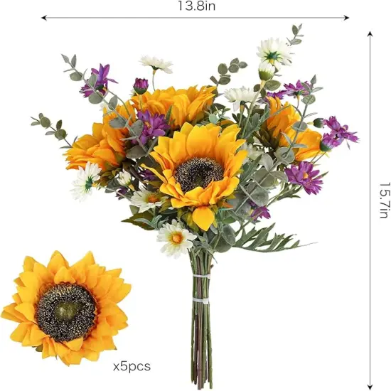 Artificial Sunflower Bouquet &ndash; Yellow Silk Fall Flowers for Wedding, Farmhouse Decor, Floral Arrangements & Cemetery Decorations {3}