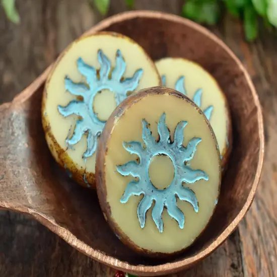 *2* 21mm Turquoise Washed Beige Picasso Table Cut Sun Design Coin Beads {3}