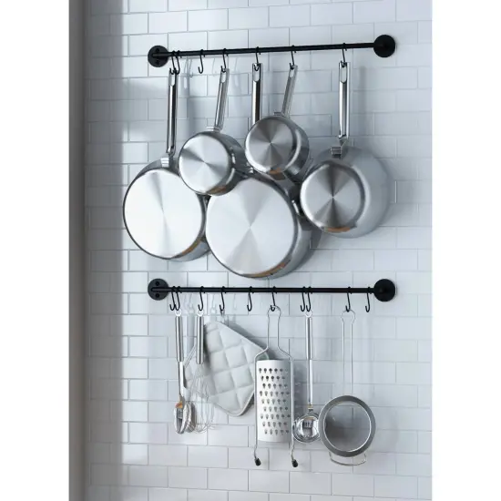 Set of 2 Black Metal Wall Mounted Pot Racks with 20 Hooks {2}