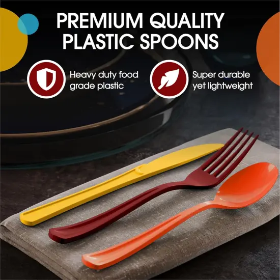 Exquisite Polished Plastic Silverware &ndash; 150 Pcs Heavy Duty Cutlery Set &ndash; 50 Each of Forks, Knives & Spoons &ndash; Disposable Utensil Set for Parties, Events & Catering &ndash; Flatware Set by Party Solids Thanksgiving {4}