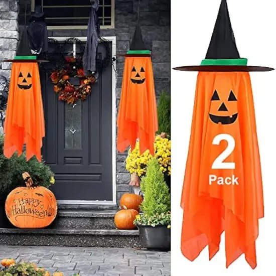 2 Pack Orange Pumpkin Wizard Hat Halloween Decor {1}