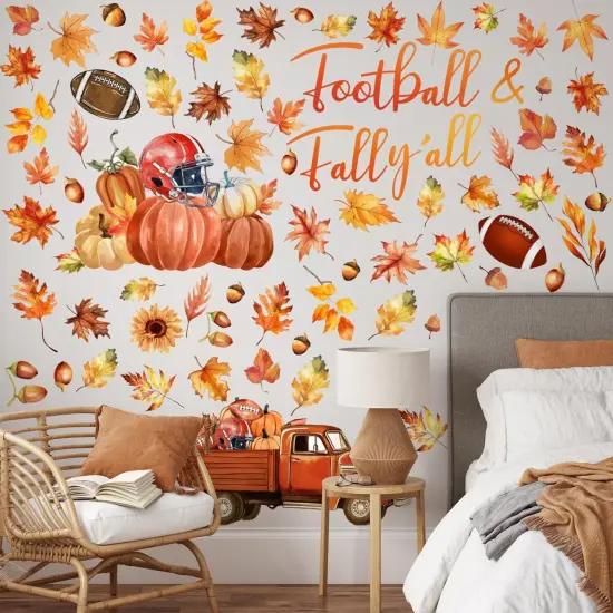 6 Sheets 185 Pieces Fall Wall Decals Maple Leaves Pumpkin - Fall Football {4}