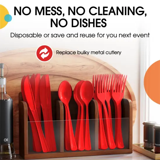 Exquisite Polished Plastic Silverware &ndash; 150 Pcs Heavy Duty Cutlery Set &ndash; 50 Each of Forks, Knives & Spoons &ndash; Disposable Utensil Set for Parties, Events & Catering &ndash; Flatware Set by Party Solids Red {5}