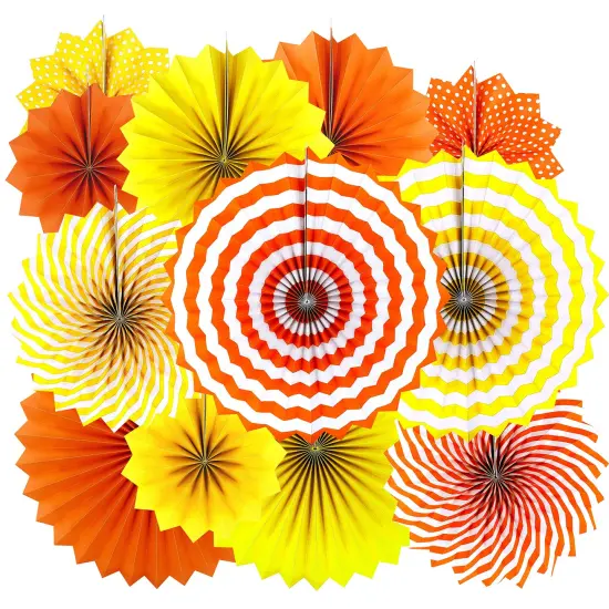 Orange Fall Party Hanging Paper Fans - Thanksgiving Autumn Carnival Party Ceiling Hangings Wedding Anniversary Graduation Birthday Baby Shower Photo Booth Backdrops Decorations, 12pc {1}