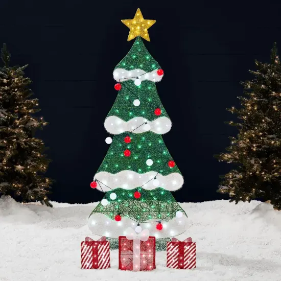 6ftLighted 2D Christmas Tree Outdoor Holiday Display with LED Lights, Gift Boxes & Storage Bag Multicolor {7}