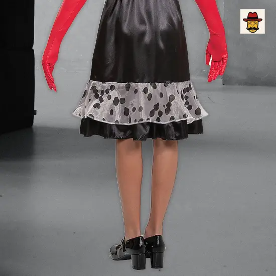 Tween Kids Disney Cruella Costume, Black Satin Dress with Faux Fur Bolero and Red Gloves {6}