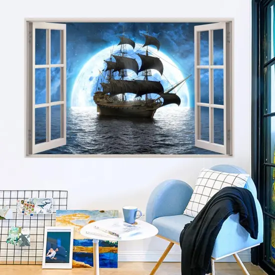3D Pirate Ship Fake Windows Wall Sticker - 23.6"x17.3" {5}