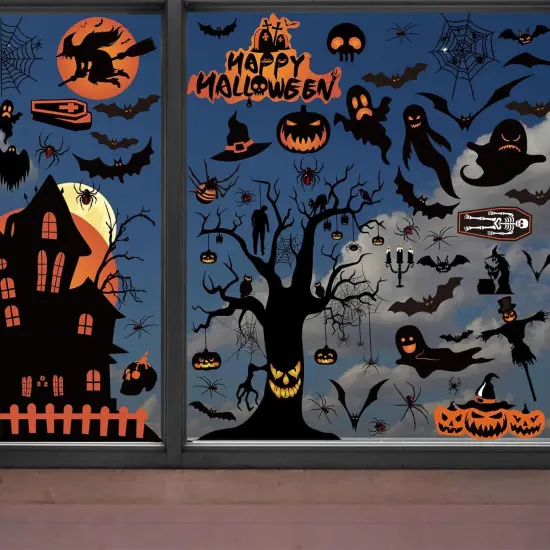8 Sheets of Halloween Window Decals - Haunted Hous Spooky Tree {1}