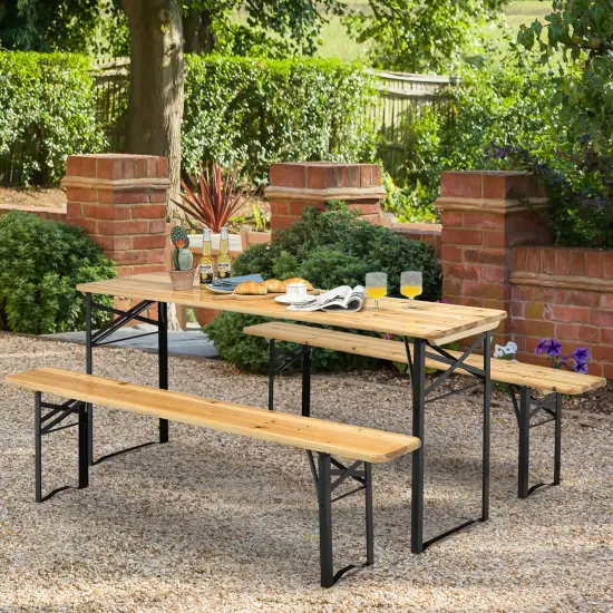 Costway 3 PCS Beer Table Bench Set Folding Wooden Top Picnic Table Patio Garden {2}