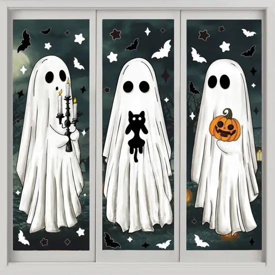 3 Sheets Halloween Large Ghosts Window Clings,Bats Black Cat Spooky Pumpkin {1}