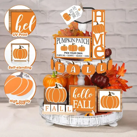3 Pcs Fall Tiered Tray Decor Set - Autumn Harvest Wooden Sign (Pumpkin Style) {3}