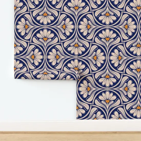 Peel & Stick Wallpaper 2FT Wide Blue Floral Yellow Cream Flowers Bold Modern Minimalist Cobalt Geometric Custom Removable Wallpaper by Spoonflower {2}