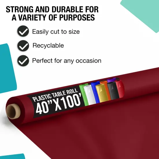 Exquisite Plastic Table Cover Roll &ndash; 40" x 100' Disposable Tablecloth Roll &ndash; Premium Thick 0.5 MIL Plastic Banquet Roll &ndash; Party Table Cover Roll for Events & Catering Burgundy {3}