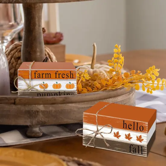 2Pcs Thanksgiving Fall Mini Wooden Book Stacks with Hemp Rope {4}