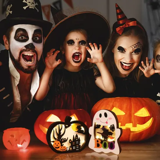 2pcs Halloween Lighted Wooden Table Decoration, Ghost Pumpkin {5}
