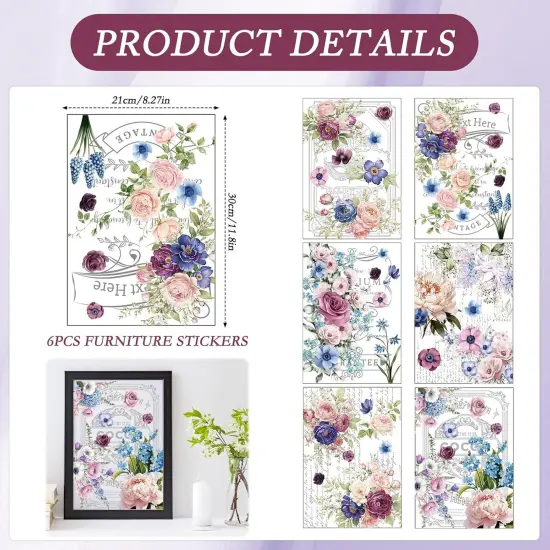 6 Sheets Retro Floral Word Rub on Transfers for Furniture Roses Plant Rub on Transfer Stickers Decals {2}