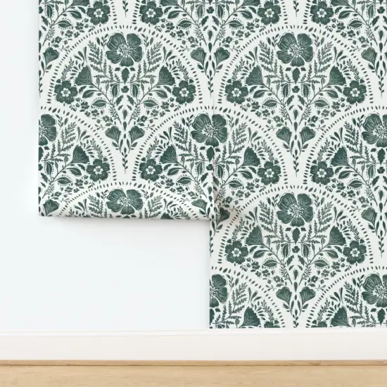 Peel & Stick Wallpaper 2FT Wide Dark Teal Floral Block Print Botanical Cottagecore Linocut Moody Scalloped Flowers Custom Removable Wallpaper by Spoonflower {2}