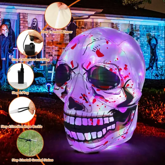 GOOSH 3.6 FT Halloween Inflatables Skull Blow Up Yard Scary Colorful Skeleton Skull with Built-in Changeable LEDs {4}