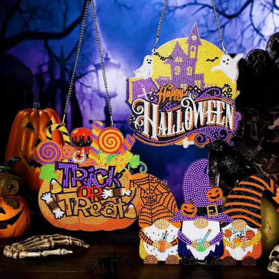 6 Pcs Halloween Diamond Art Painting Kits Hanging Sign Set {3}