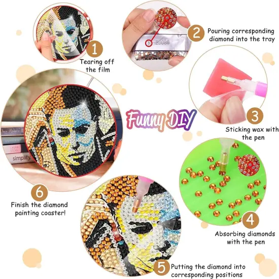 8 Pcs Diamond Paintings Coasters Kits with Holder, DIY Halloween Coaster {5}