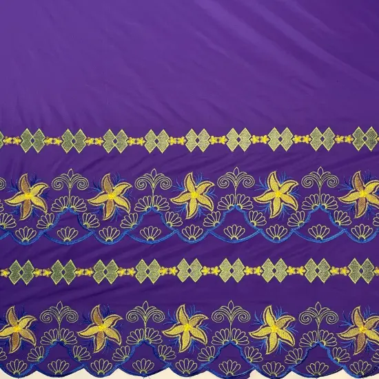 1 Yard Plumeria Flower Embroidered Double Border Polyester Fabric 56 Inch Width Purple {1}
