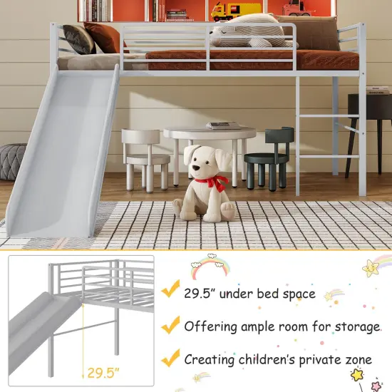 Twin Metal Loft Bed with Slide, Fun, Safe and Spacious Silver {4}