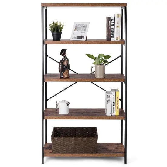 5 Tier Metal and Wood Shelf Bookcase with Black Iron Frame and Rustic Panels for Home Office Storage {4}