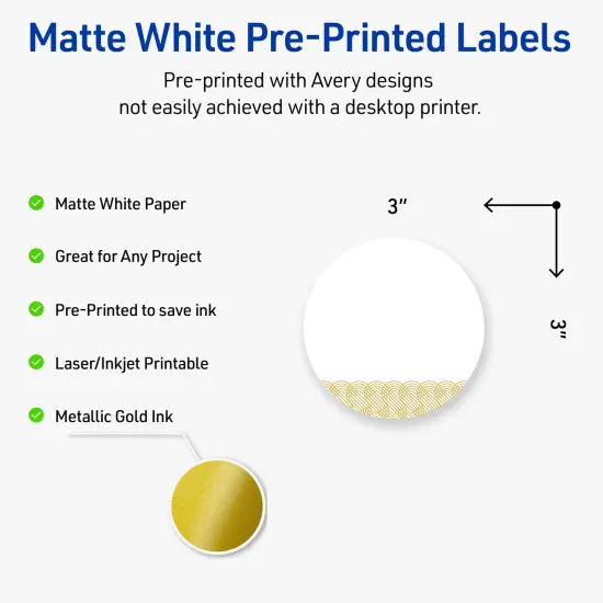 Avery Printable Round Labels with Sure Feed Technology, Pre-Printed Gold Lace Trim Pattern, Matte White, 3" Diameter, Laser & Inkjet Compatible, 60 Total, Great for Branding, Marketing, and Events {2}