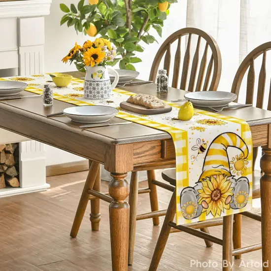 Yellow Buffalo Plaid Sunflower Gnome Bee Summer Table Runner, Spring Kitchen Dining Table Decoration for Home Party Decor 13x72 Inch {4}