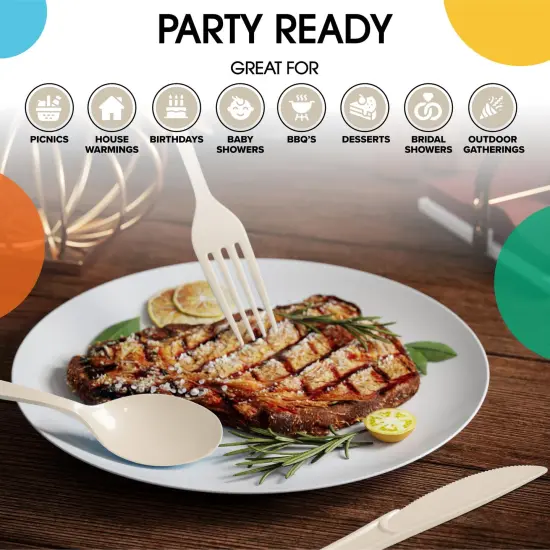 Exquisite Polished Plastic Silverware &ndash; 150 Pcs Heavy Duty Cutlery Set &ndash; 50 Each of Forks, Knives & Spoons &ndash; Disposable Utensil Set for Parties, Events & Catering &ndash; Flatware Set by Party Solids Ivory {6}