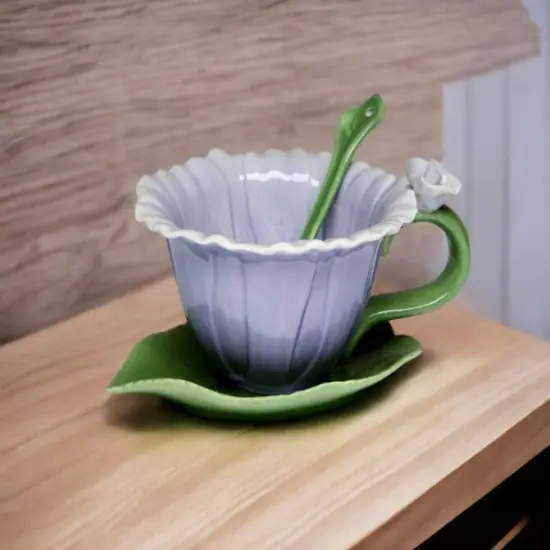 Ceramic Dahlia Flower Cup and Saucer and Spoon-1 Set, Gift for Her, Gift for Mom, Gift for Friend or Coworker, Tea Party D&eacute;cor, Caf&eacute; Decor {2}