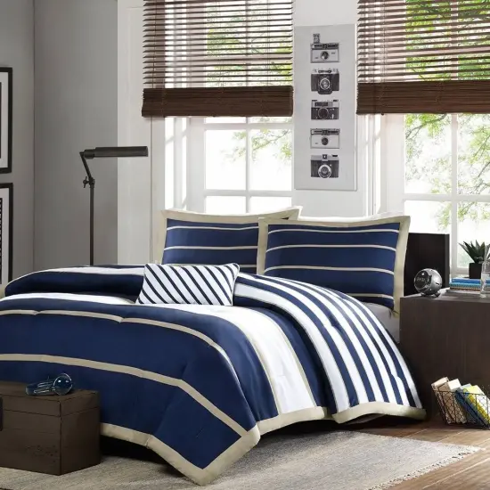 Navy Blue White Khaki Comforter Set Full Queen Size 4 Piece {6}