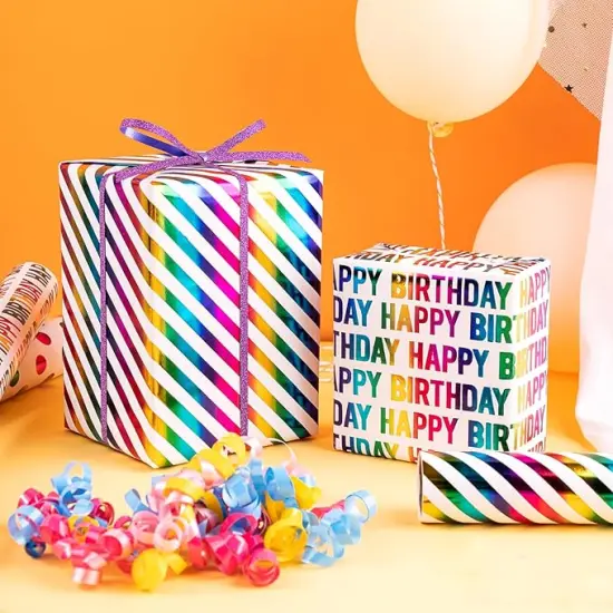 Birthday Wrapping Paper Roll - Mini Roll - 3 Rolls - 17 inch x 120 inch Per roll - Colorful Foil Birthday Design for Party, Holiday, Baby Shower {4}
