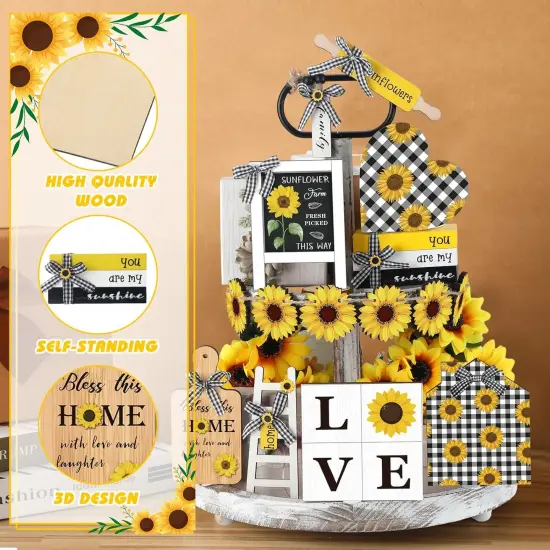 15 Pcs Sunflower Tiered Tray Decor Set Wooden Sunflower Ornament Rustic Sunflower Decorations Farmhouse Sunflower Sign for Gifting Table Home Decor {3}
