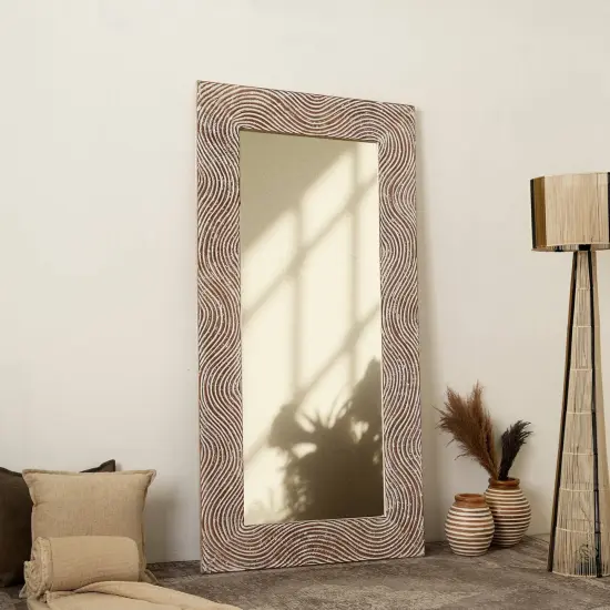 Rustic White Solid Wood Hand carved Mirror Accent - 36" x 72" {1}