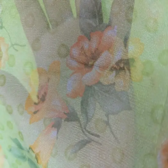 1 Yard Lime Green Organza Fabric with Orange Flowers Sheer Lightweight Polyester 58/59 inches wide {2}