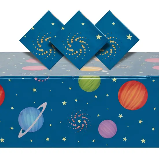 3 Pack Plastic Outer Space Tablecloths, Disposable Planets Table Covers for Galaxy Birthday Party Decorations (54 x 108 In) Blue {1}