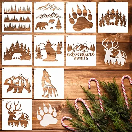 10 Pieces Bear Deer Wolf Mountain Stencil Pine Tree Wildlife Forest Animal Stencils Template Wood Burning Stencils Reusable Patterns Moon Claw Stencils for Painting on Wood Crafts Wall (forest animal 1) {1}