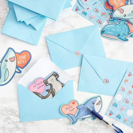 Pipilo Press 36 Pack Cute Shark Animal Valentine's Cards with Envelope, 6 Assorted Heart Designs with 9 Sheets Stickers, Kids Blank Notecards for Classroom Exchange Gift (3.5 x 6 Inch) Blue {3}