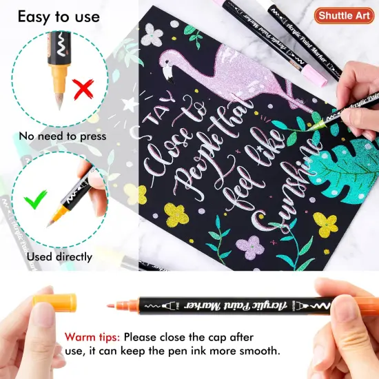 28 Metallic Colors Dual Tip Acrylic Paint Markers, Brush Tip and Fine Tip Acrylic Paint Pens for Rock Painting, Ceramic, Wood, Canvas, Plastic, Glass, Stone, Calligraphy, Card Making, DIY Crafts {5}