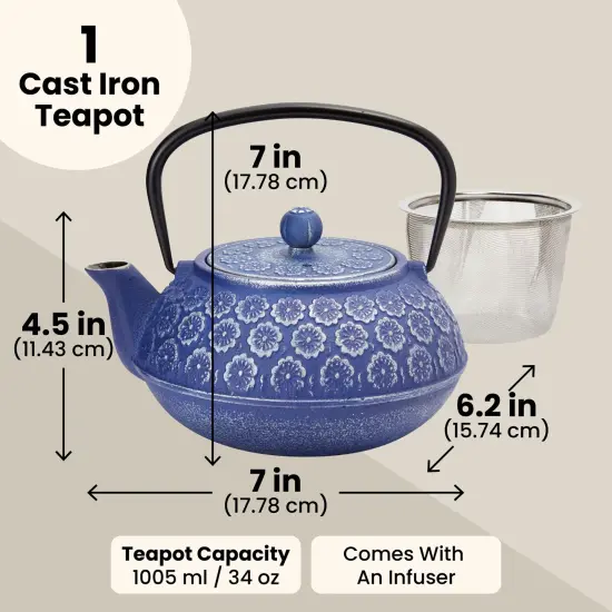 Japanese Cast Iron Teapot with Infuser for Loose Leaf and Tea Bags, Kettle Includes Handle and Removable Lid (Blue, 34oz) {4}