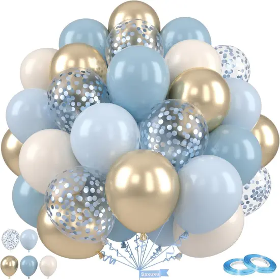 Dusty Blue and Gold Balloons, 12 Inch Blue Gold Balloons, Retro Fog Blue Metallic Golden White Confetti Balloons Latex Balloon for Wedding Baby Shower Gender Reveal Birthday Party Decoration {1}