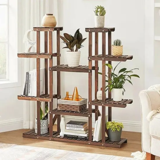 Brown Solid Wood 6-Tier Pedestal Plant Stand with Carbonized Finish {4}