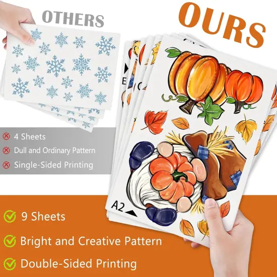 Fall Scarecrow Gnome Window Clings 9 Sheets, Autumn Pumpkin Maple Leaves Stickers {3}