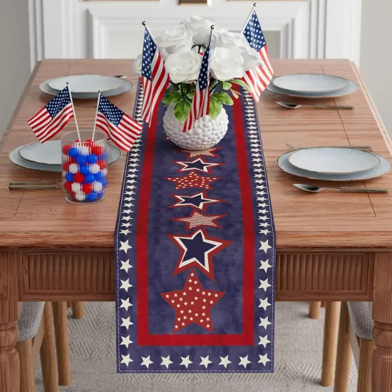 Blue Patriotic Red White Stars America 4th of July Memorial Day Independence Day Table Runner Decoration for Home Kitchen Holiday Party {2}