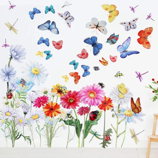 64 Pcs Flowers Butterflies Wall Decals (Colorful) {1}