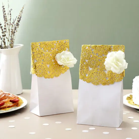 60 Pack 10 Inch Gold Paper Doilies for Dining Table, Round Decorative Medallion Lace Placemats for Wedding {3}