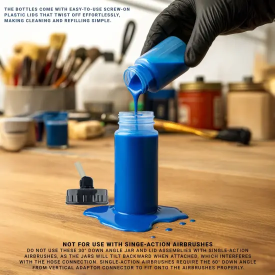 10 Pack Master Airbrush TB-008, 2.7oz Plastic Jar Bottles with 30° degrees Down Angle Adaptor Lid Assembly, Single-Action Siphon {5}