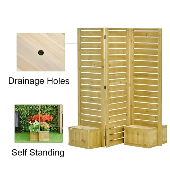 Brown Fir Wood 3-Panel Privacy Screen with 4 Built-in Planters {4}